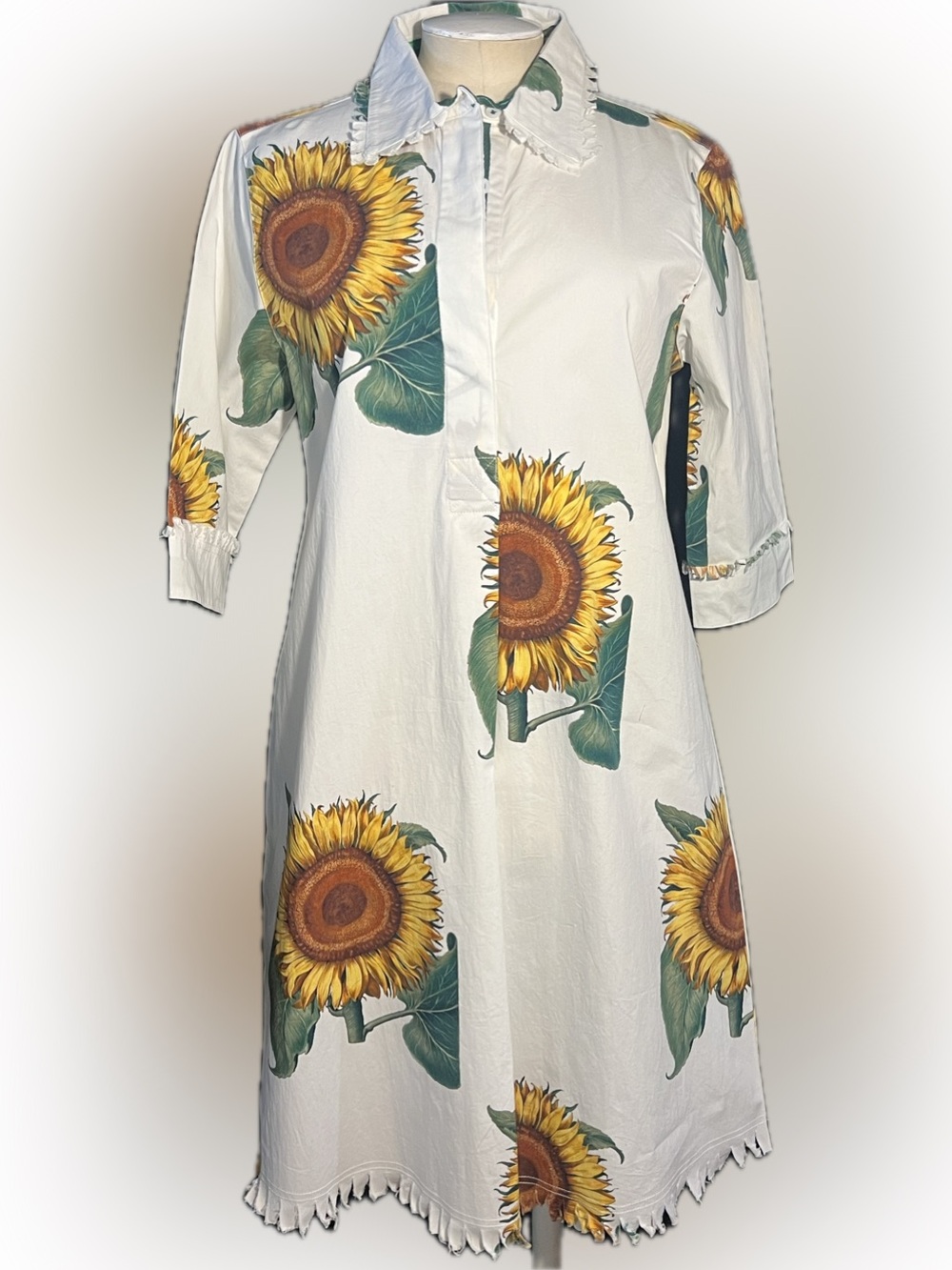 Dizzy-Lizzie huge-sunflower print A-line shirt dress/stretch poplin/pockets-NEW